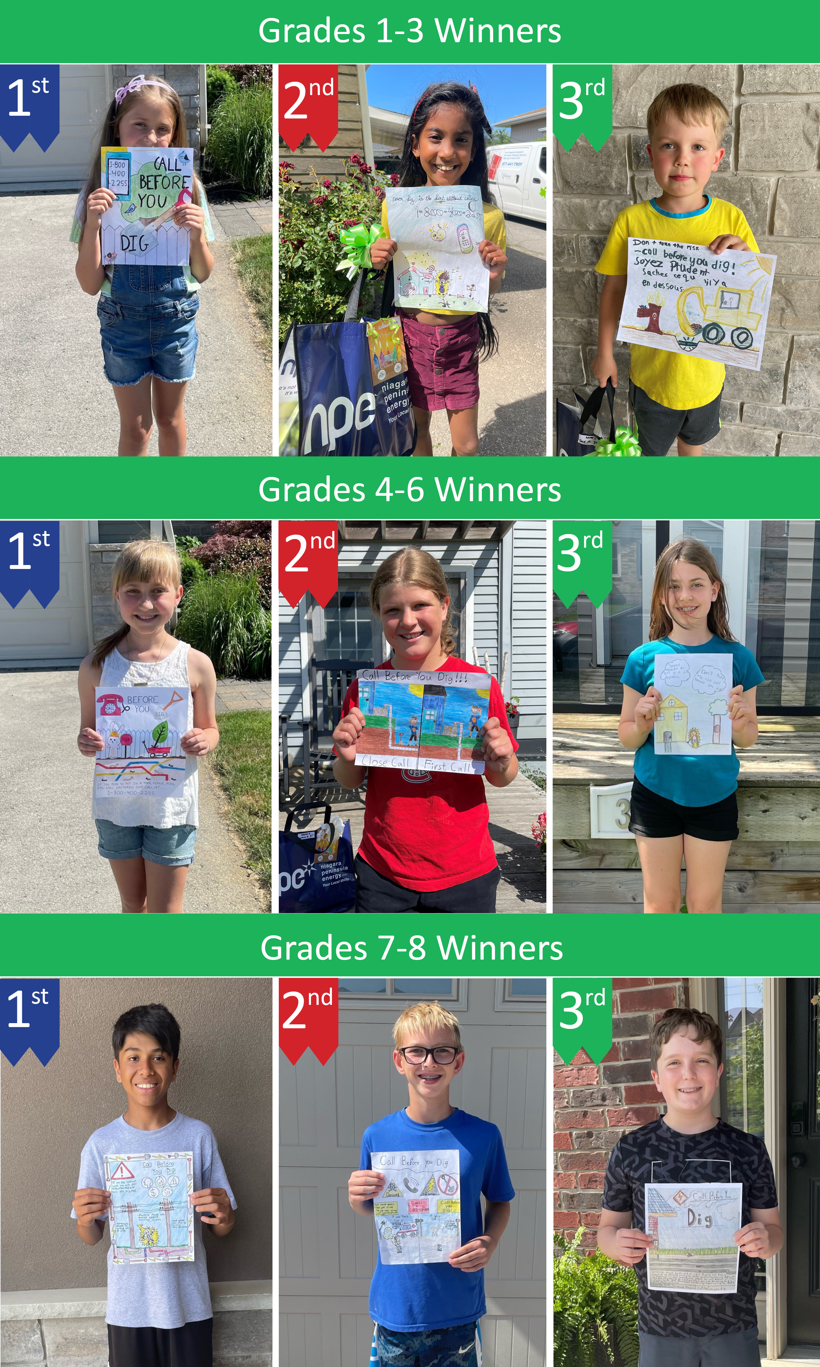 Photo showing the nine children who won the NPEI Kids' Safety Poster Contest holding their posters in front of them.